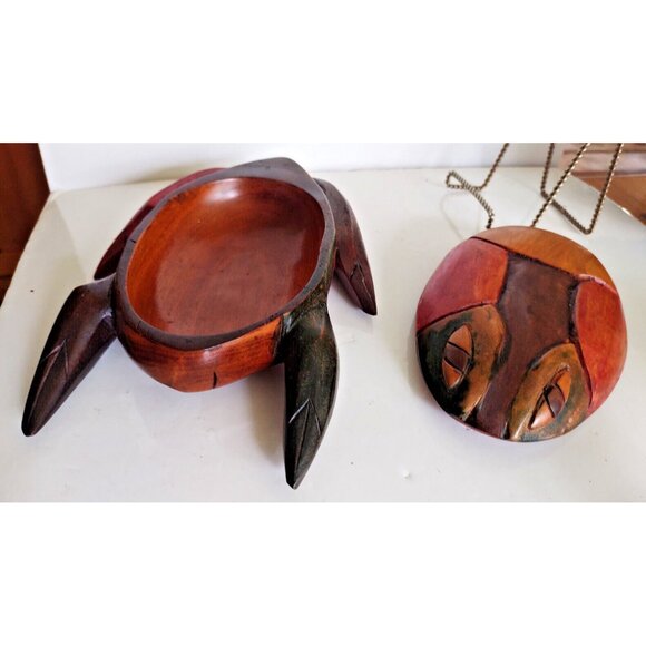 Vintage Folk Art Hand-Carved WOOD FROG 2 Piece Trinket Box 10" x 7" - Picture 12 of 16